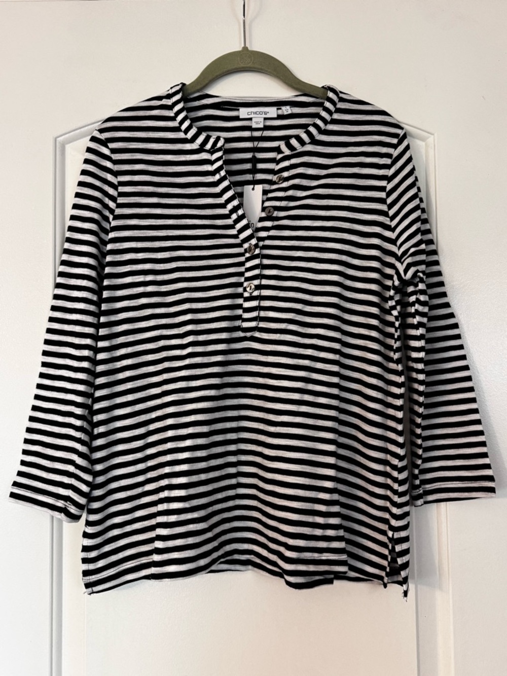 Chico's Black & White Striped Henley Long Sleeve Top